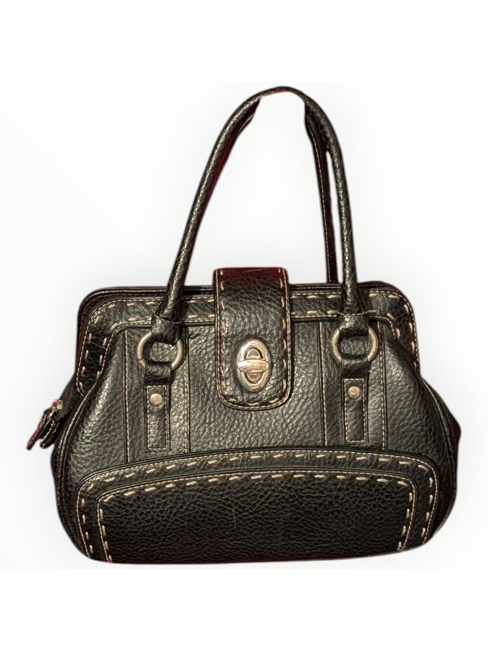 Black Pebbled Faux Leather Satchel Handbag - White Stitching & Turn Lock Closure